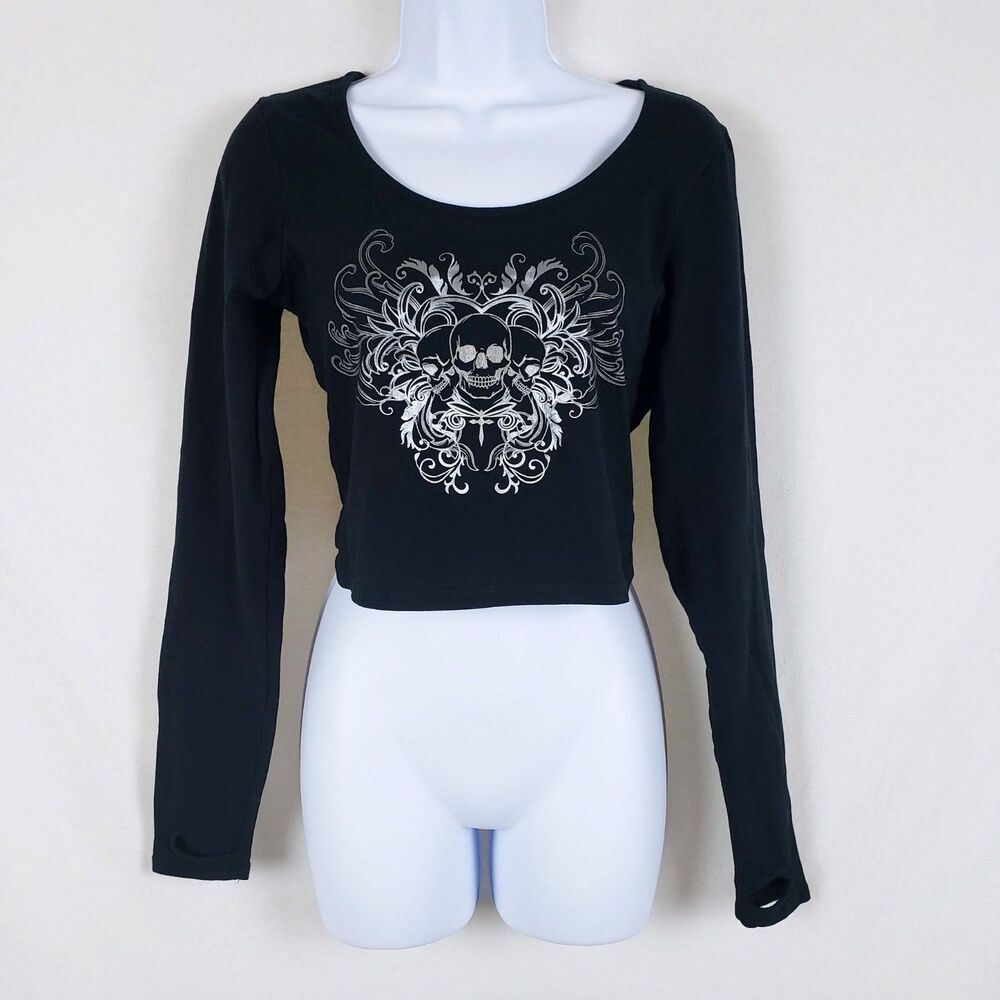 Social Collision Emo Y2K Alternative Mall Goth Skull Tee Womens M Thumb Holes